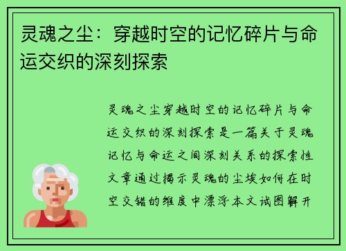 灵魂之尘：穿越时空的记忆碎片与命运交织的深刻探索